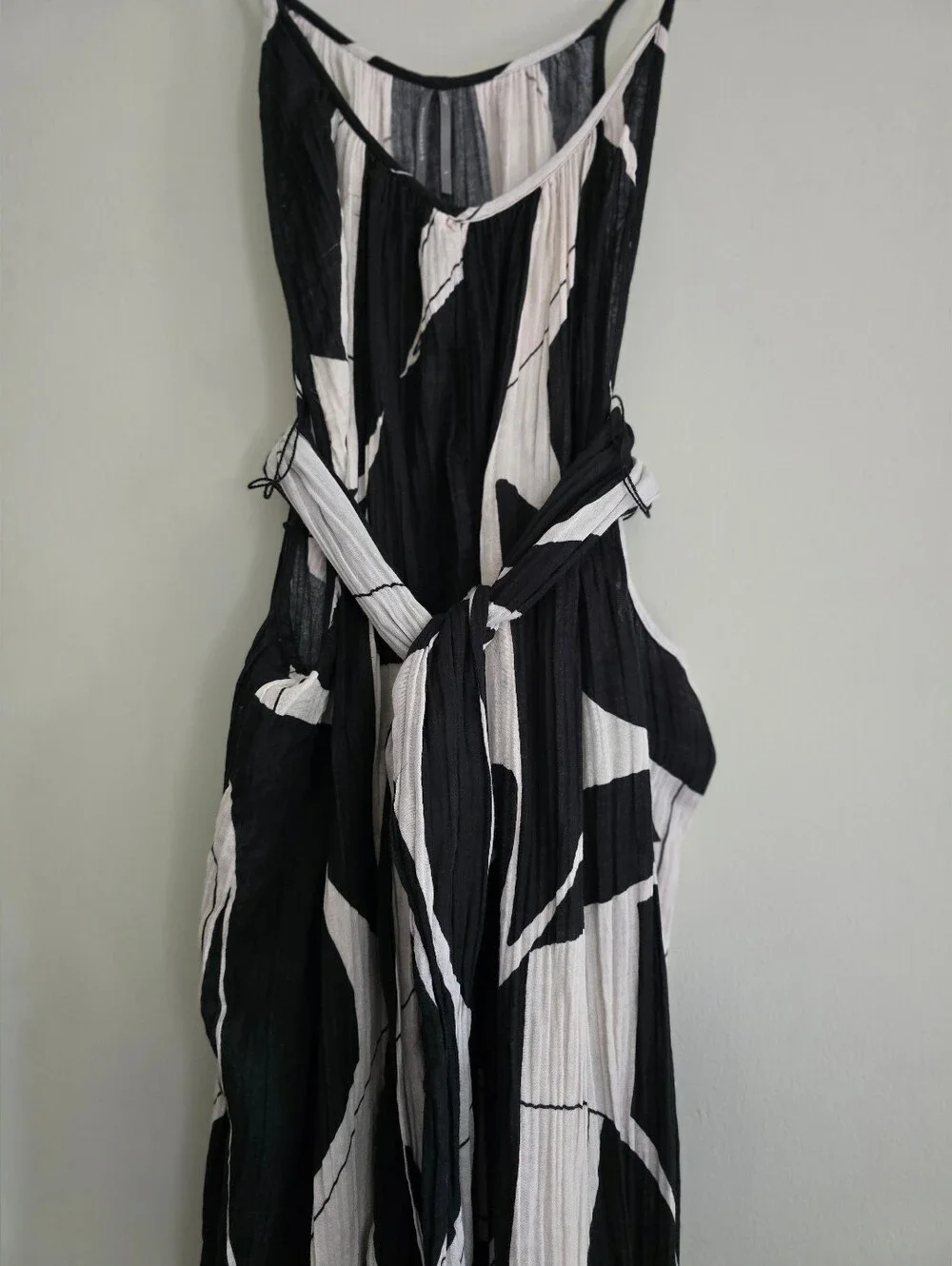 Anthropologie Boho White Black Sheer Print Cotton Gauze Wide Leg Jumpsuit, Large - Picture 5 of 8